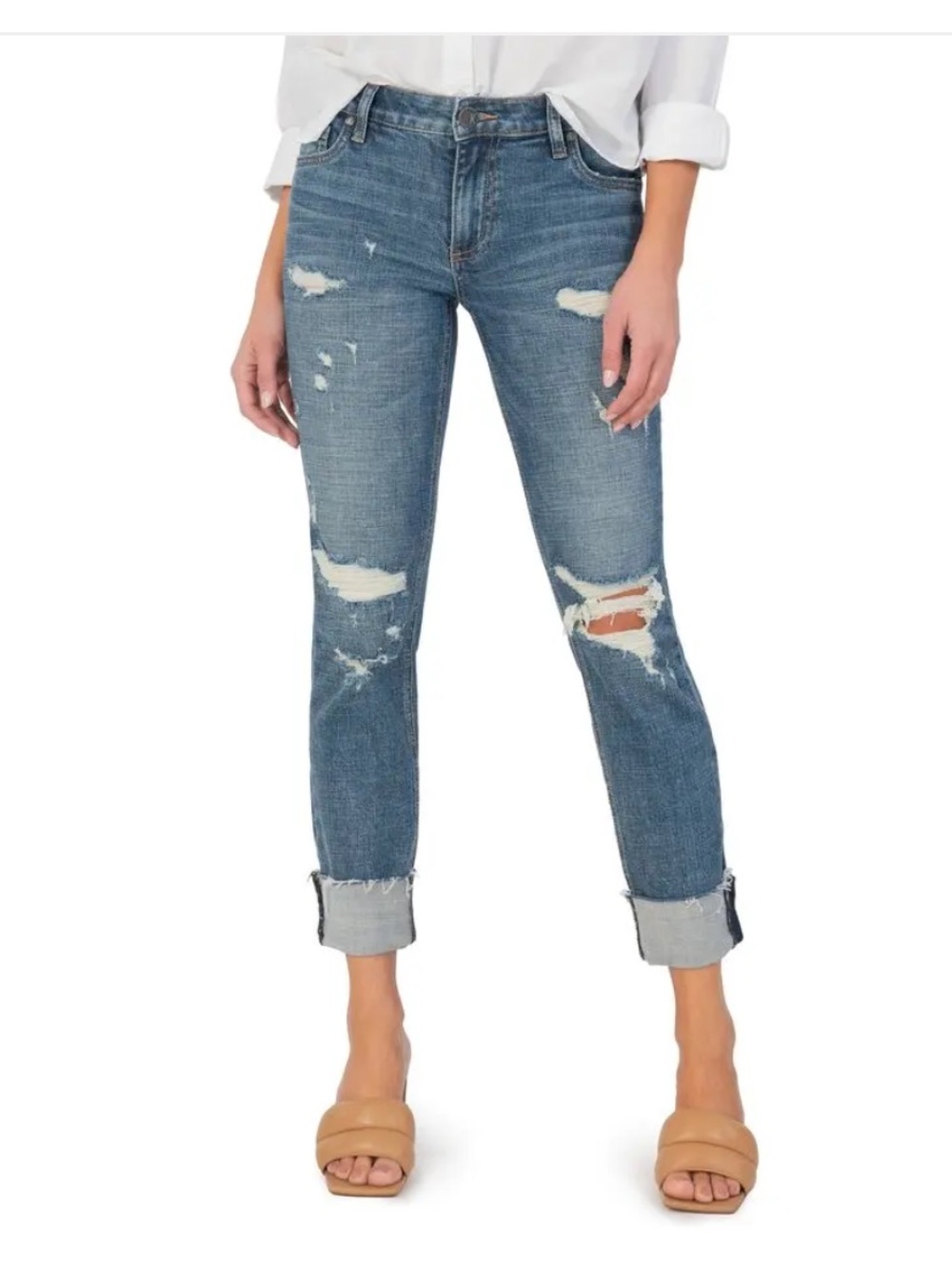 Kut from the Kloth Distressed Boyfriend Jeans - Medium Blue